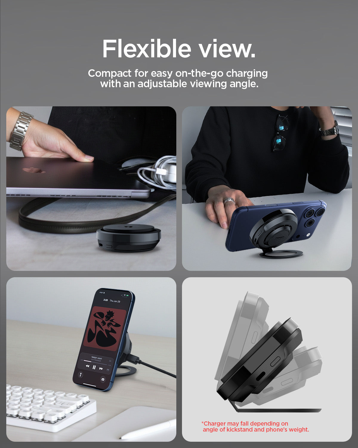 ACH07977 - OneTap Phone Kickstand S310WCK (MagFit) in Black showing flexible view.