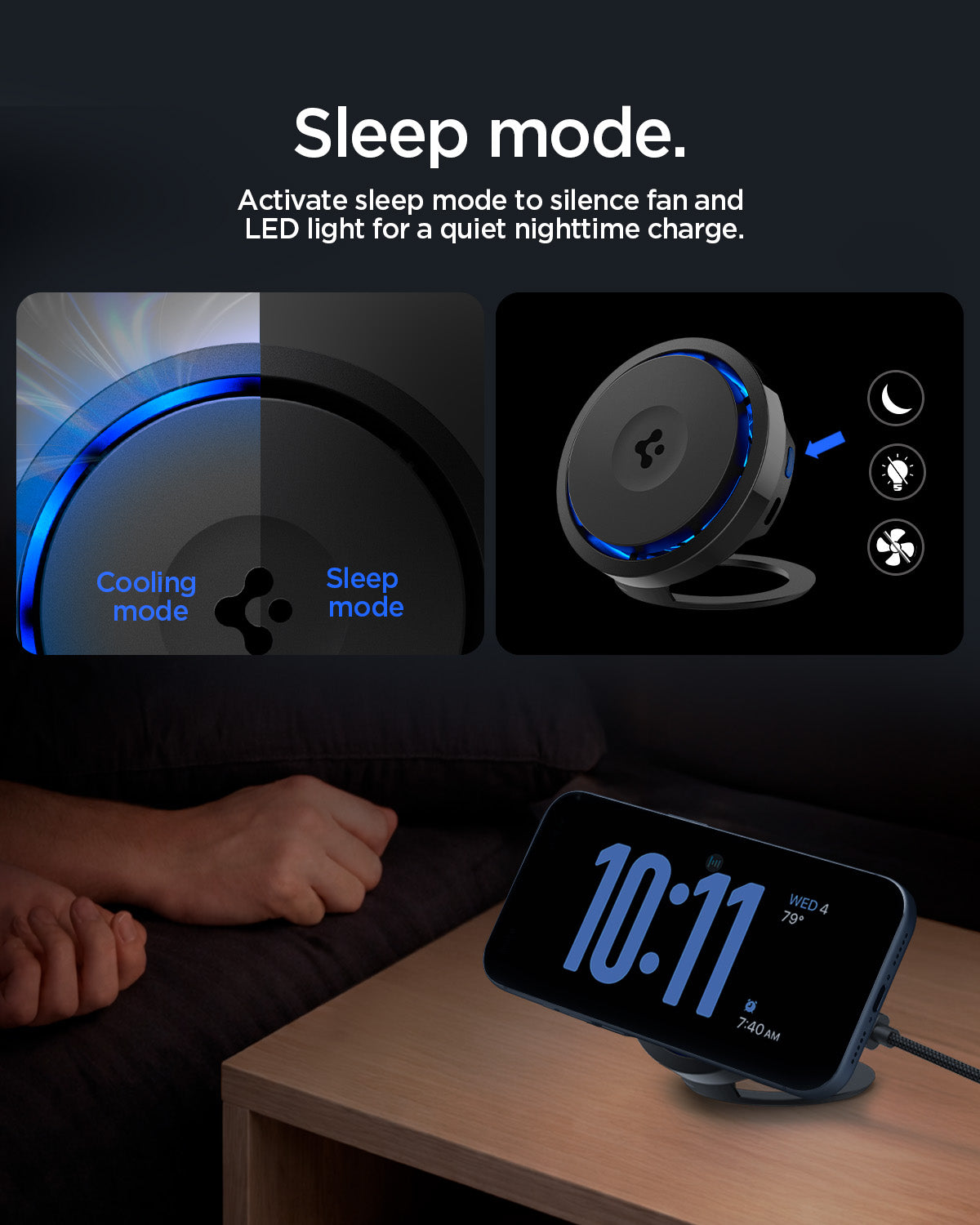 ACH07977 - OneTap Phone Kickstand S310WCK (MagFit) in Black showing the sleep mode. Activate sleep mode to silence fan and LED light, while charging at night