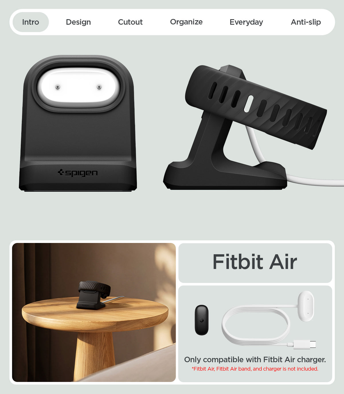 AMP11999 - Fitbit Air Night Stand | S356 in Black showing the charging stand holding a fitness band with the charger, cable, and compatibility information displayed