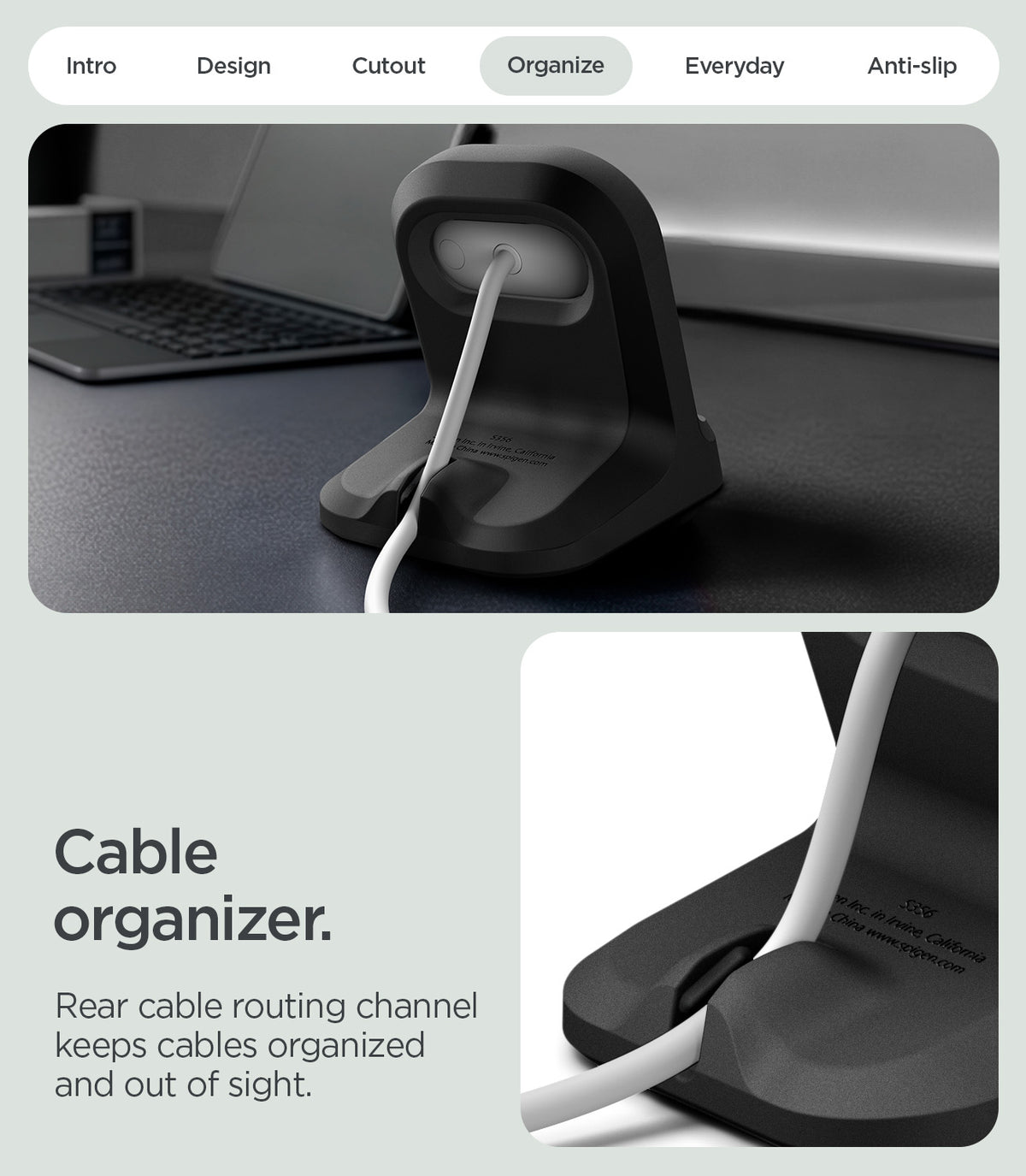 AMP11999 - Fitbit Air Night Stand | S356 in Black showing the charging stand on a desk with the cable routed through the rear cable channel