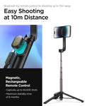 AMP06402 - Tripod Selfie Stick (MagFit) in Black showing the easy shooting at 10m distance, with bluetooth 4.2 remote control for shooting up, also magnetic, rechargeable remote control, capture up to 50,000 shots, maximum standby time of 6 months