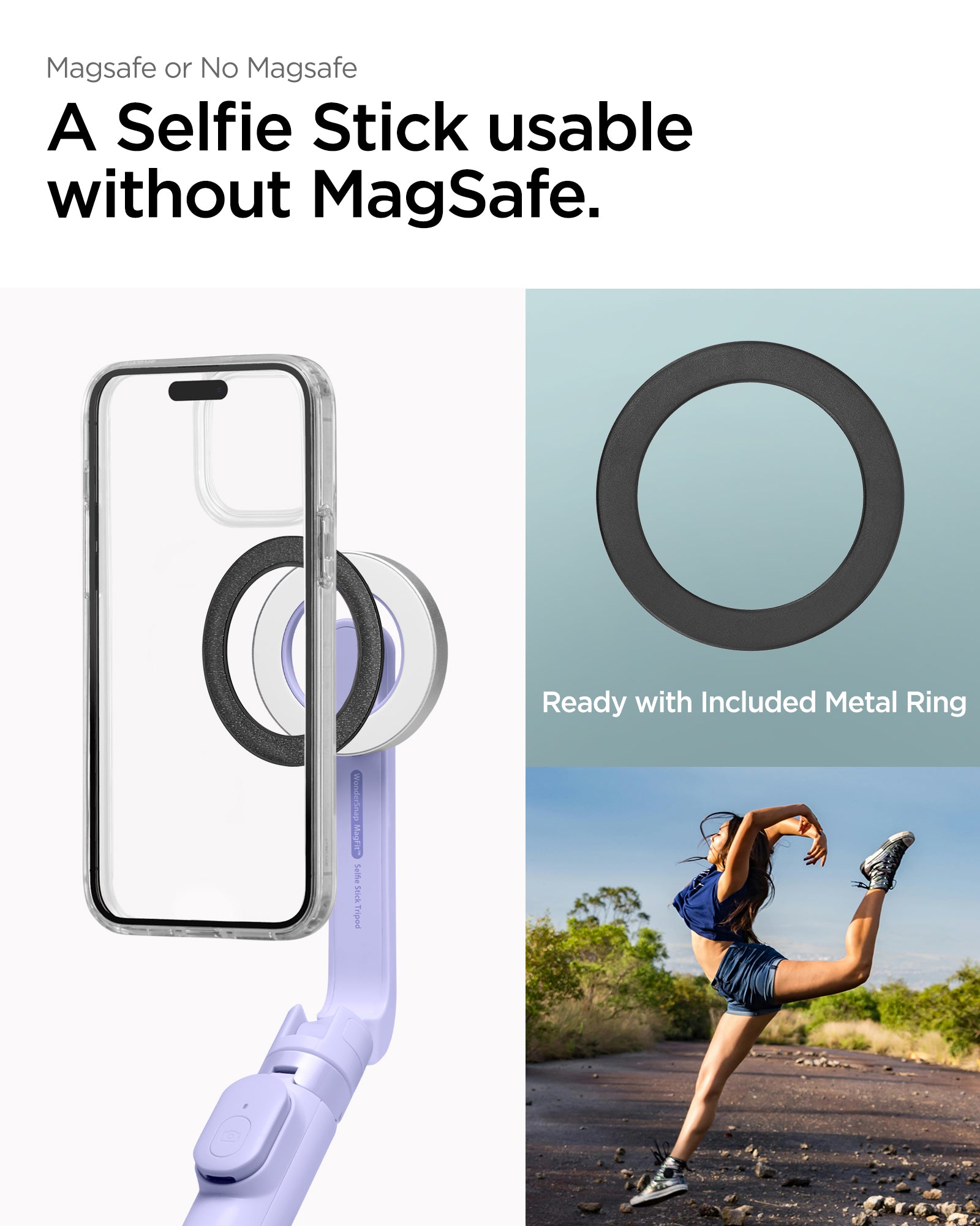 AMP07658 - Tripod Selfie Stick (Mag Fit) | S571W in Lavender showing a selfie stick usable without magsafe. Ready with included metal ring