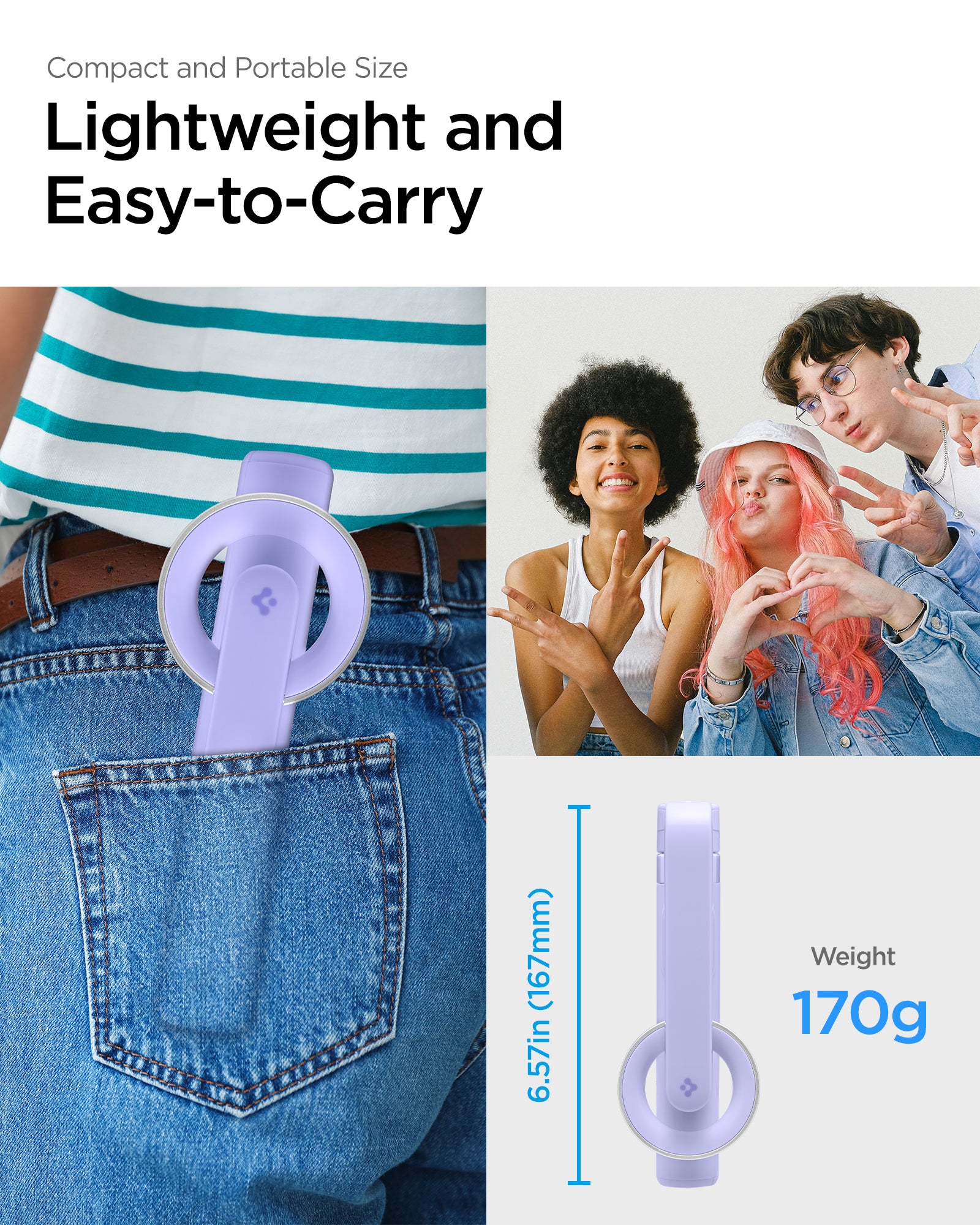 AMP07658 - Tripod Selfie Stick (Mag Fit) | S571W in Lavender showing compact and portable size. Lightweight and easy to carry.
