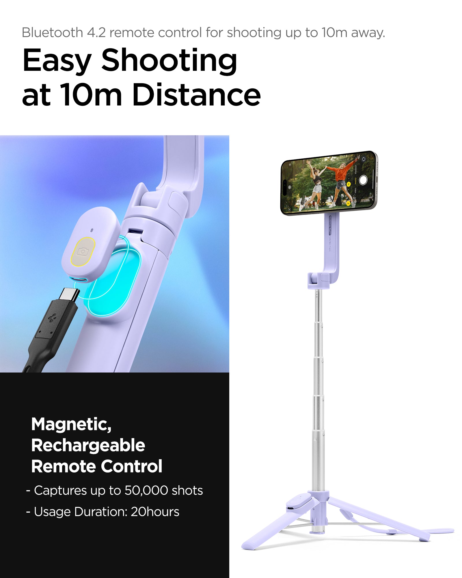 AMP07658 - Tripod Selfie Stick (Mag Fit) | S571W in Lavender showing bluetooth 4.2 remote control for shooting up to 10m away. easy shooting at 10m distance. Magnetic rechargeable remote control. captures up to 50,000shots. usage duration : 20 hours.