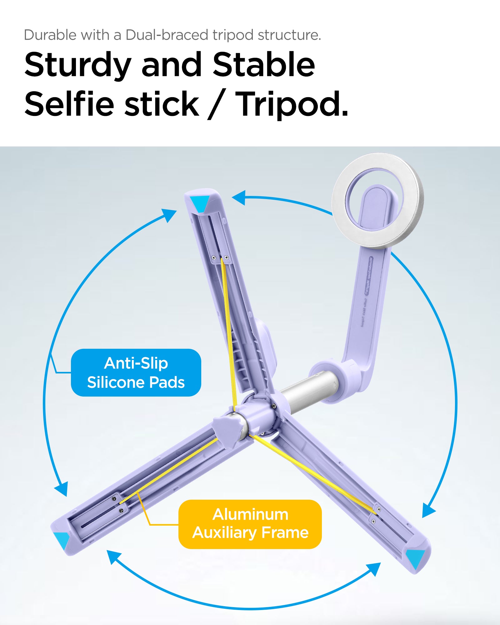 AMP07658 - Tripod Selfie Stick (Mag Fit) | S571W in Lavender showing sturdy and stable selfie stick.