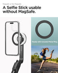 AMP07659 - Tripod Selfie Stick (Mag Fit) | S580W in Black showing the S580W selfie stick with a MagSafe-compatible iPhone attached alongside the included metal ring accessory and a lifestyle shot of a person in motion, highlighting compatibility with or w