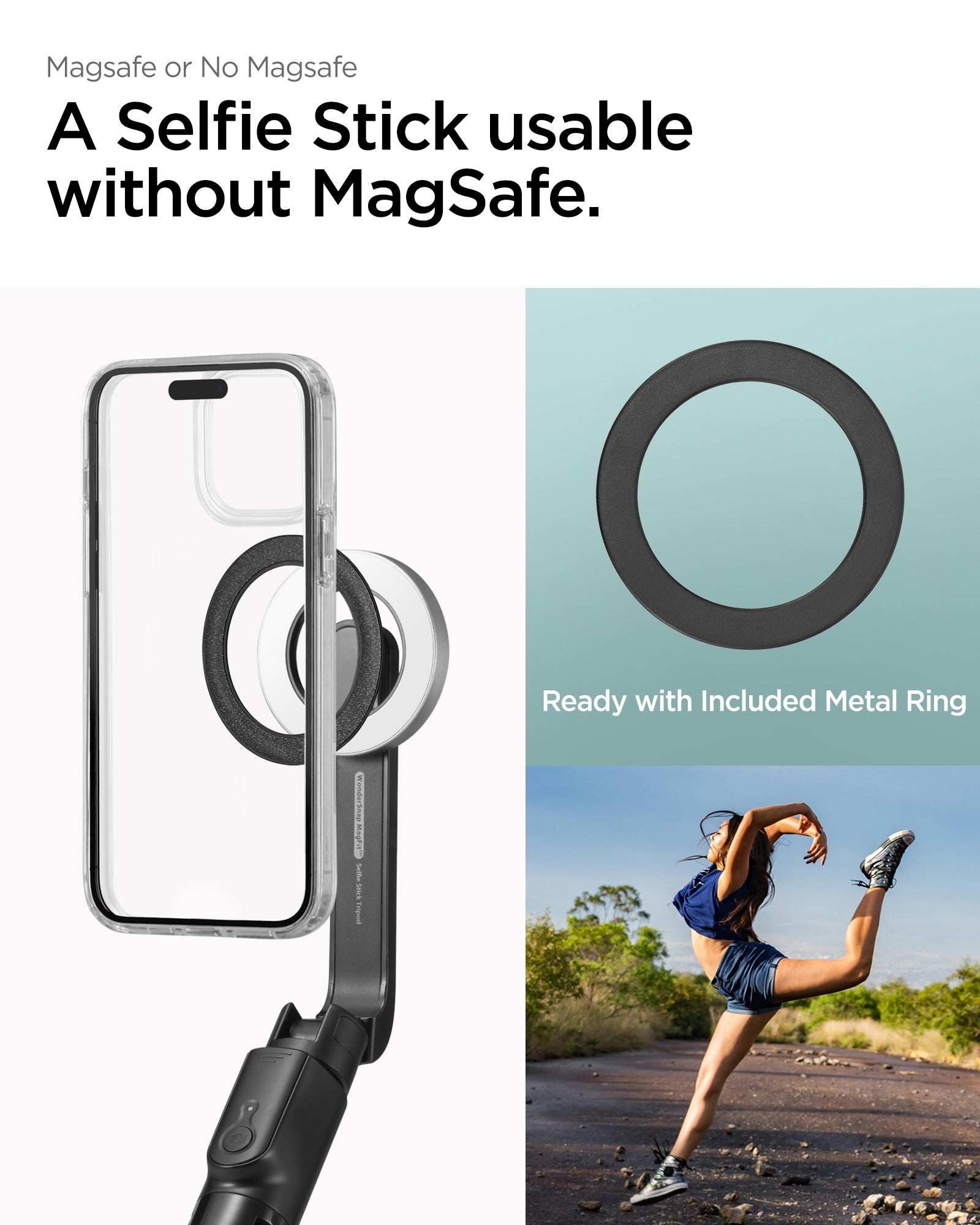 AMP07659 - Tripod Selfie Stick (Mag Fit) | S580W in Black showing the S580W selfie stick with a MagSafe-compatible iPhone attached alongside the included metal ring accessory and a lifestyle shot of a person in motion, highlighting compatibility with or w