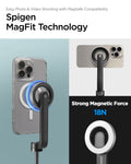 AMP07659 - Tripod Selfie Stick (Mag Fit) | S580W in Black showing Spigen MagFit Technology with a magnetic connection visualization on a clear-cased iPhone, a close-up of the mount head on a natural titanium iPhone, and a detail shot of the MagSafe ring h
