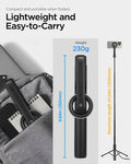 AMP07659 - Tripod Selfie Stick (Mag Fit) | S580W in Black showing the S580W selfie stick in folded compact form at 9.84in (250mm) and 230g alongside a backpack carrying shot and a full-length view at maximum extended length of 47.24in (1200mm).