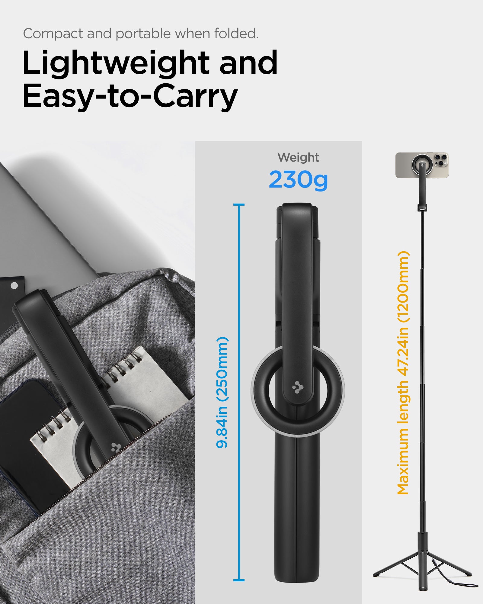 AMP07659 - Tripod Selfie Stick (Mag Fit) | S580W in Black showing the S580W selfie stick in folded compact form at 9.84in (250mm) and 230g alongside a backpack carrying shot and a full-length view at maximum extended length of 47.24in (1200mm).