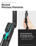 AMP07659 - Tripod Selfie Stick (Mag Fit) | S580W in Black showing the detachable Bluetooth remote with USB-C charging port highlighted, a hand demonstrating how to remove the remote from the stick, and callout text indicating up to 50,000 shots and 20 hou