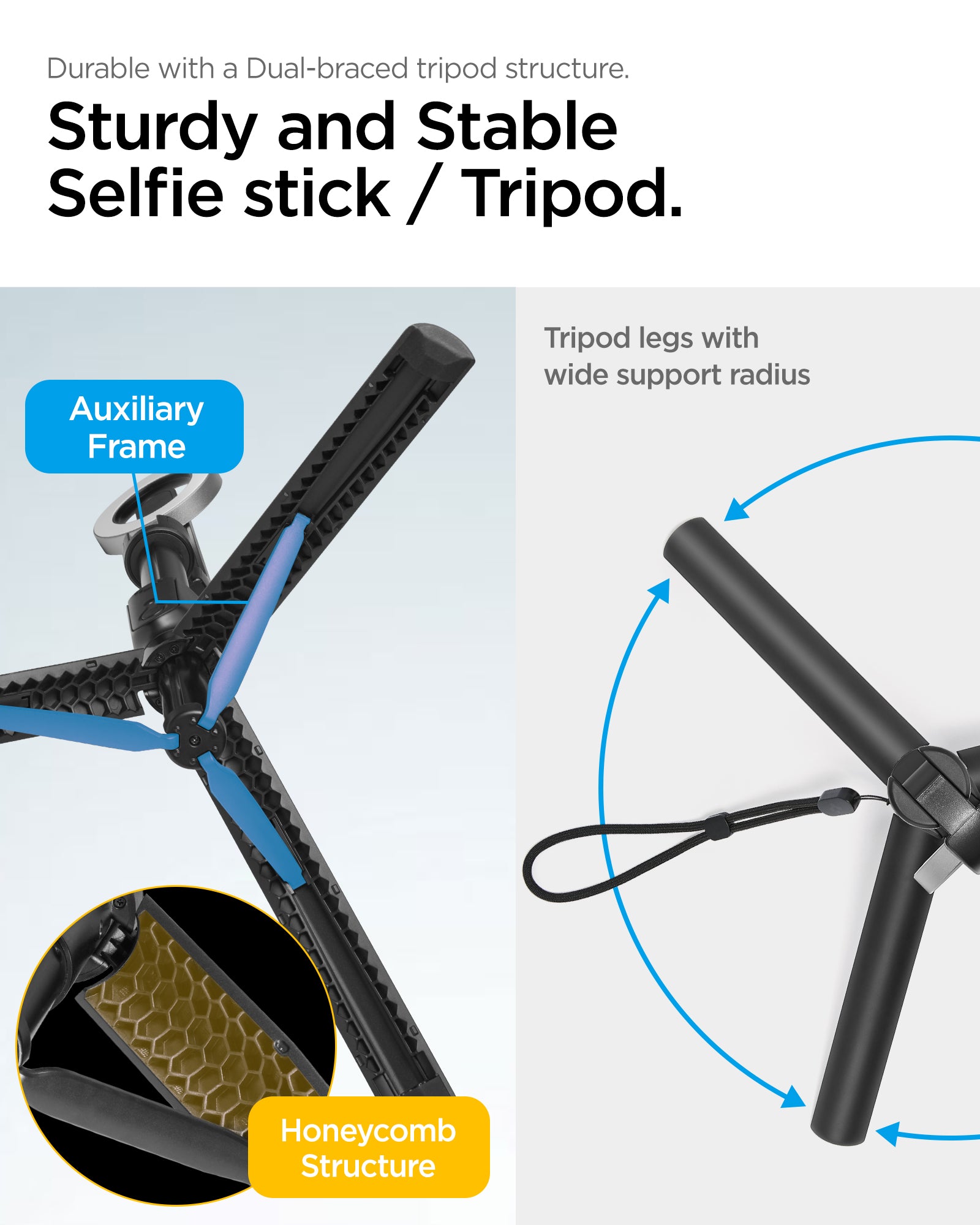 AMP07659 - Tripod Selfie Stick (Mag Fit) | S580W in Black showing the dual-braced tripod structure with auxiliary frame and honeycomb construction called out on the left, and the three-legged tripod base with wide support radius indicated by arrows on the