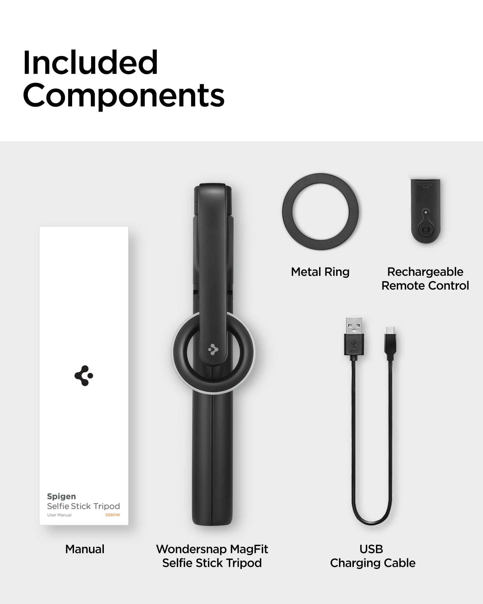 AMP07659 - Tripod Selfie Stick (Mag Fit) | S580W in Black showing all included components of the S580W laid out on a light gray background: the Wondersnap MagFit Selfie Stick Tripod, metal ring, rechargeable remote control, USB charging cable, and user ma