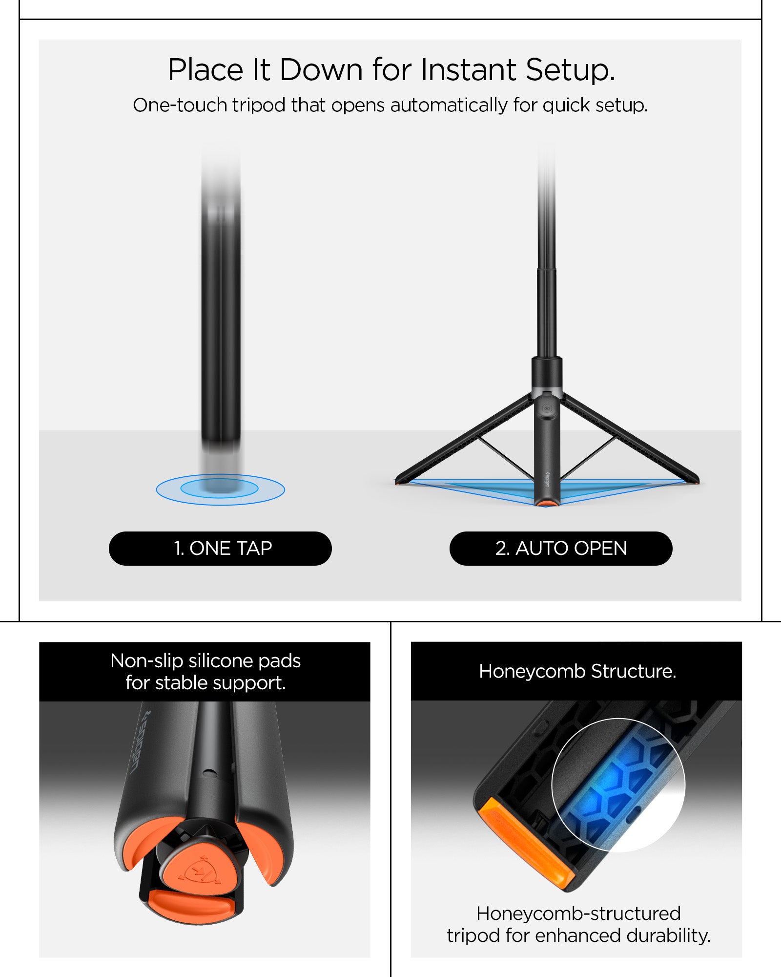 AMP11372 - Selfie Stick | S582W in Black showing place it down for instant setup
