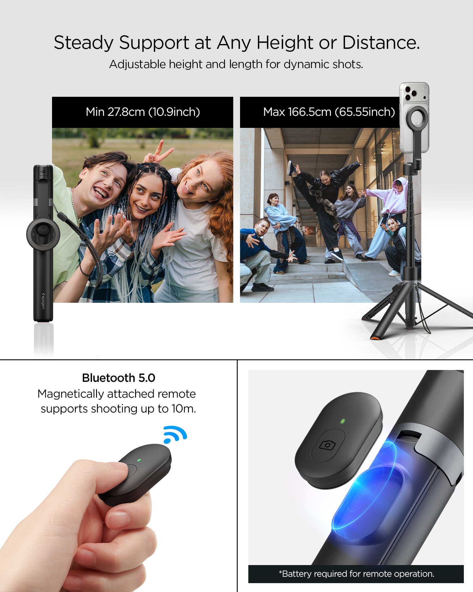 AMP11372 - Selfie Stick | S582W in Black showing steady support at any height or distance
