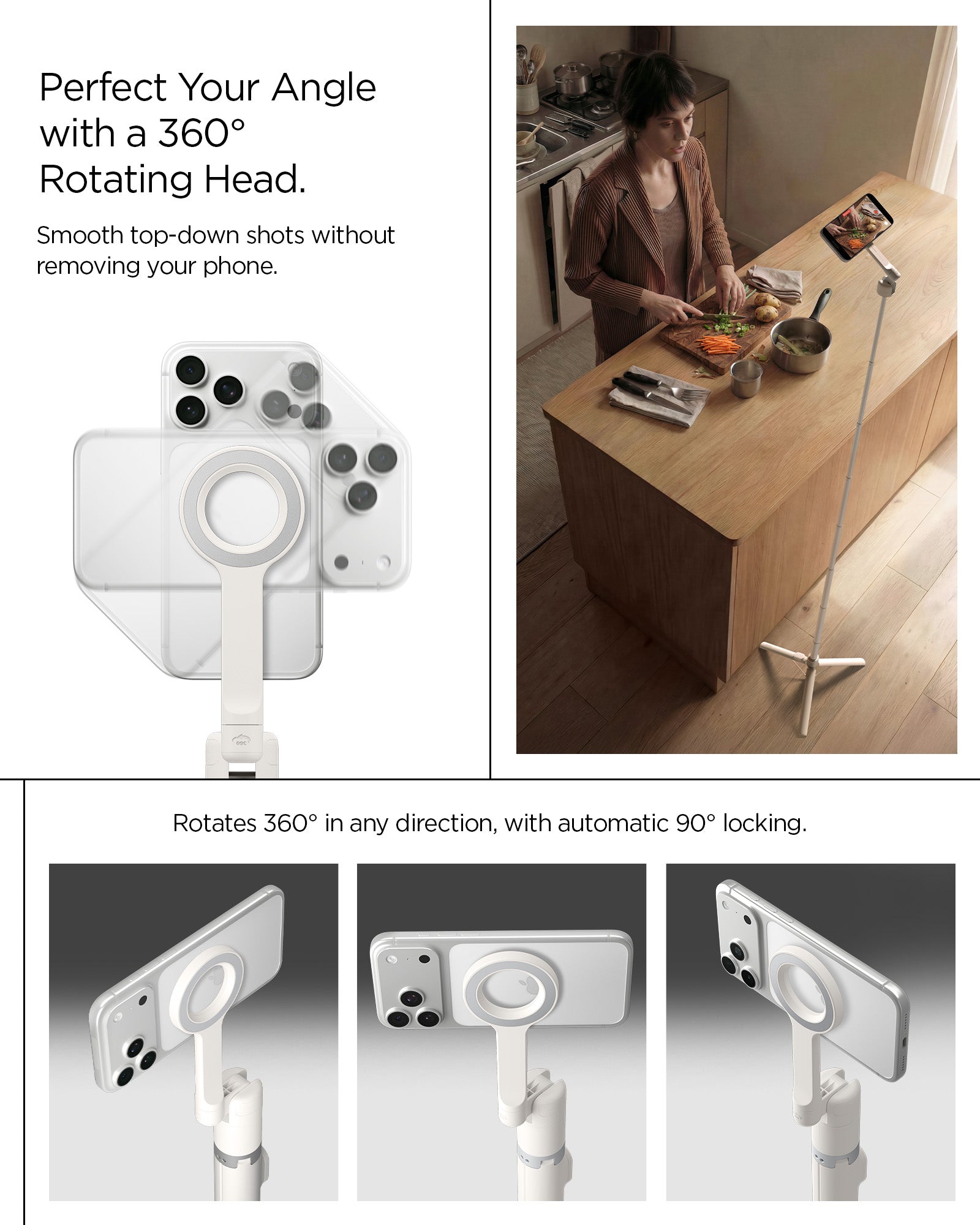 AMP11373 - Selfie Stick | S582W in Dune Beige showing perfect your angle with a 360 rotating head