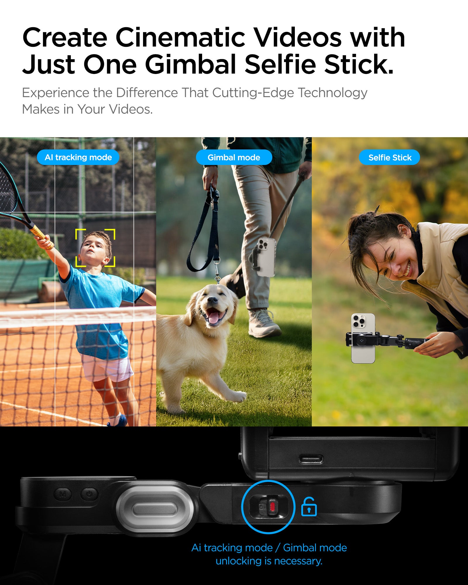 AMP08945 - Gimbal Selfie Stick | S620W in Black showing three-mode feature infographic with AI tracking mode subject detection gimbal stabilization and selfie stick mode with unlock button close-up