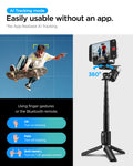 AMP08945 - Gimbal Selfie Stick | S620W in Black showing AI tracking mode with no-app face tracking 360-degree rotation and finger gesture control guide for turning tracking on and off