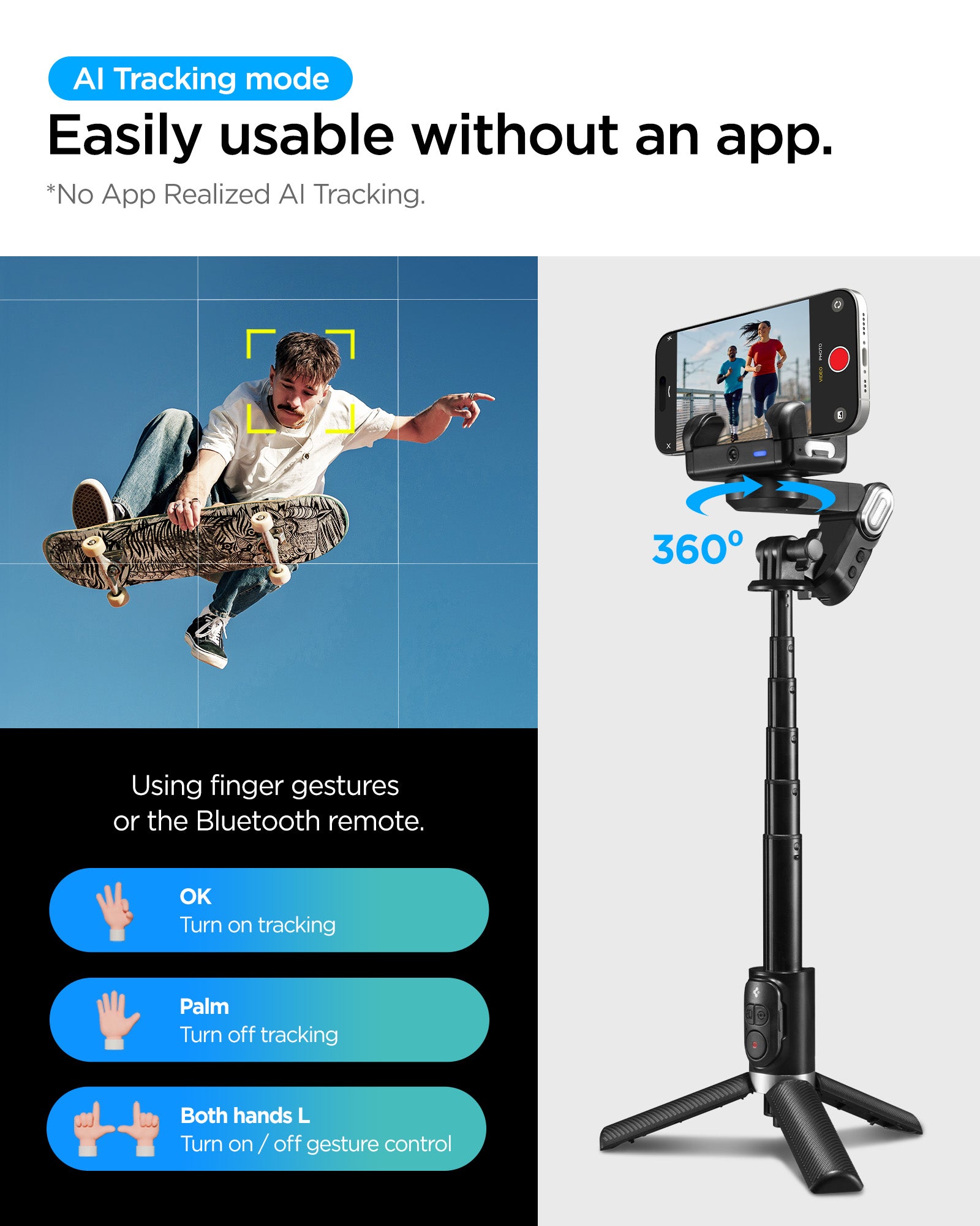 AMP08945 - Gimbal Selfie Stick | S620W in Black showing AI tracking mode with no-app face tracking 360-degree rotation and finger gesture control guide for turning tracking on and off