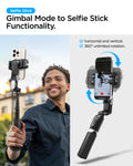 AMP08945 - Gimbal Selfie Stick | S620W in Black showing selfie stick mode lifestyle outdoor shooting and 360-degree unlimited horizontal and vertical rotation diagram