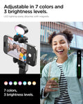 AMP08945 - Gimbal Selfie Stick | S620W in Black showing magnetic LED fill light snap-on attachment with 7 color options 3 brightness levels and lifestyle portrait shot with brightness slider