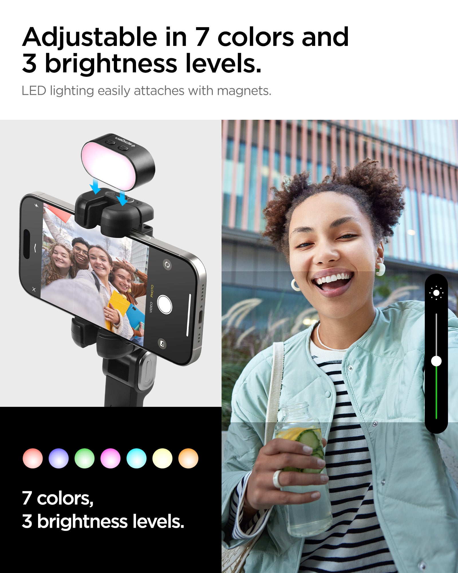 AMP08945 - Gimbal Selfie Stick | S620W in Black showing magnetic LED fill light snap-on attachment with 7 color options 3 brightness levels and lifestyle portrait shot with brightness slider