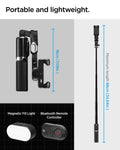 AMP08945 - Gimbal Selfie Stick | S620W in Black showing portable and lightweight infographic with folded gimbal at 18cm compact size 88cm maximum extended length and included magnetic fill light and Bluetooth remote