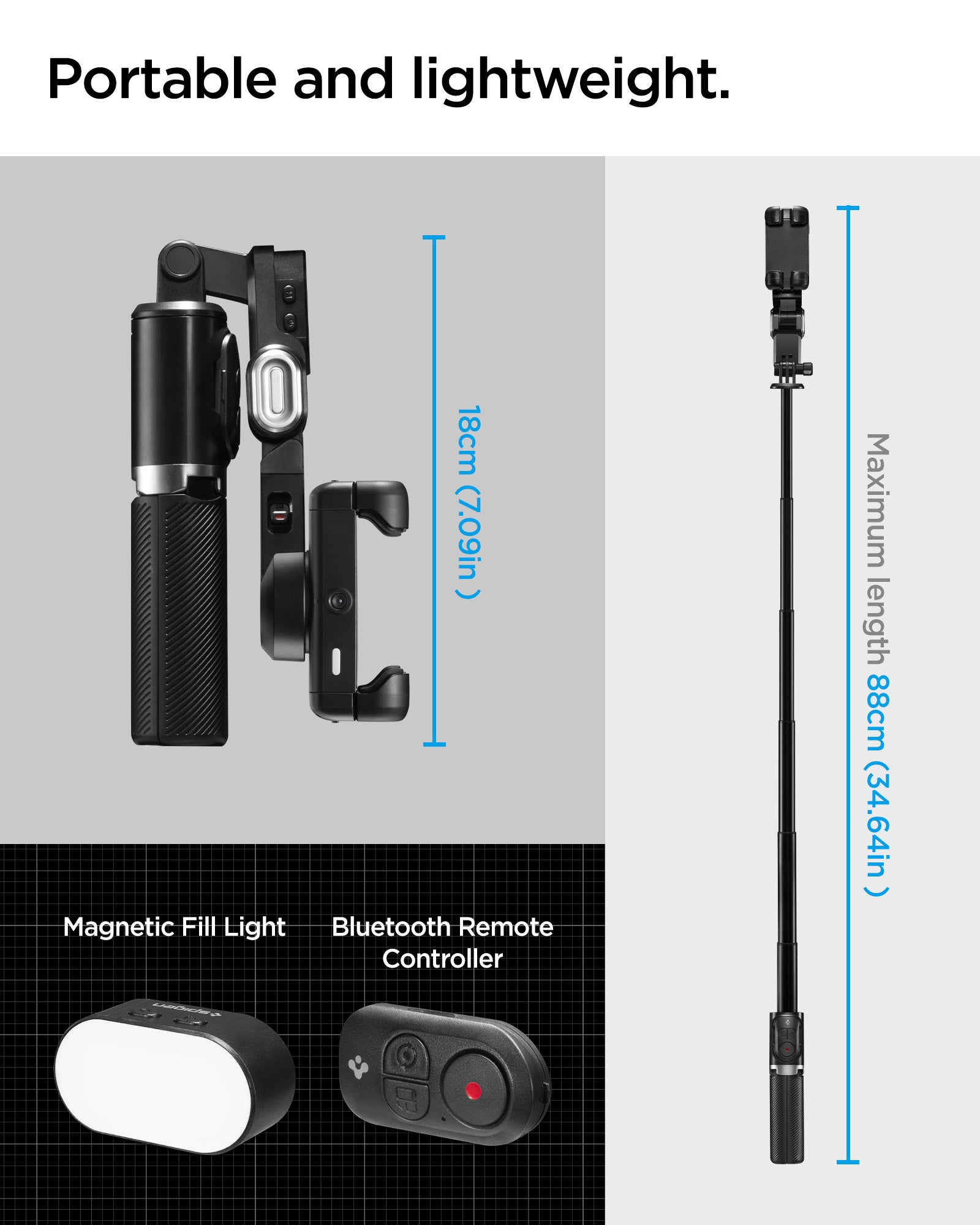 AMP08945 - Gimbal Selfie Stick | S620W in Black showing portable and lightweight infographic with folded gimbal at 18cm compact size 88cm maximum extended length and included magnetic fill light and Bluetooth remote