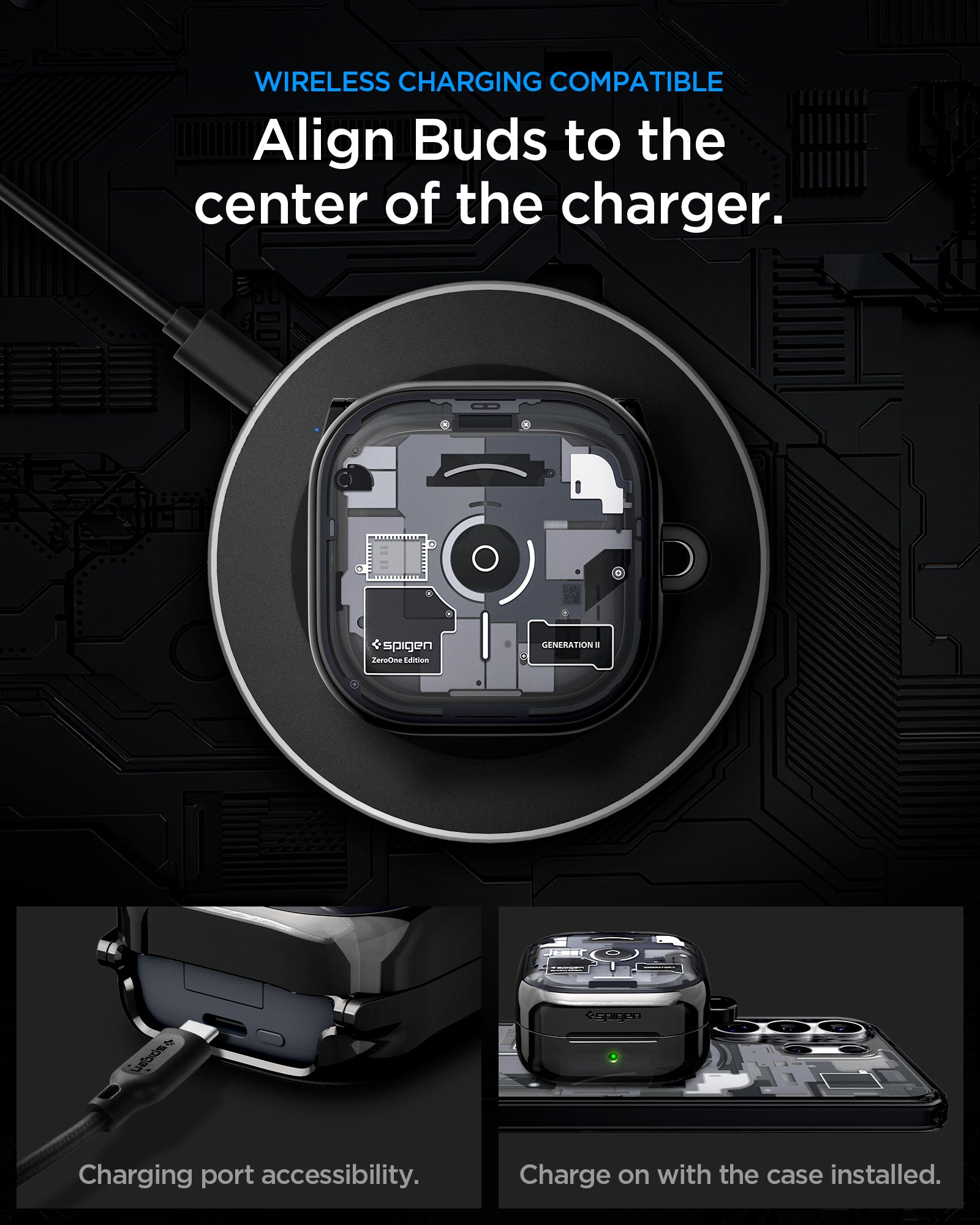 ACS11201 - Galaxy Buds 4 Series - Ultra Hybrid Zero One showing wireless charging compatible. align buds to the center of the charger