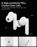 ASD07964 - Spigen True Wireless Earbuds SA2402 in White showing the 6 High-sensitivity MIC's crystal clear calls. Advance noise-cancellation ensures clear calls in any environment