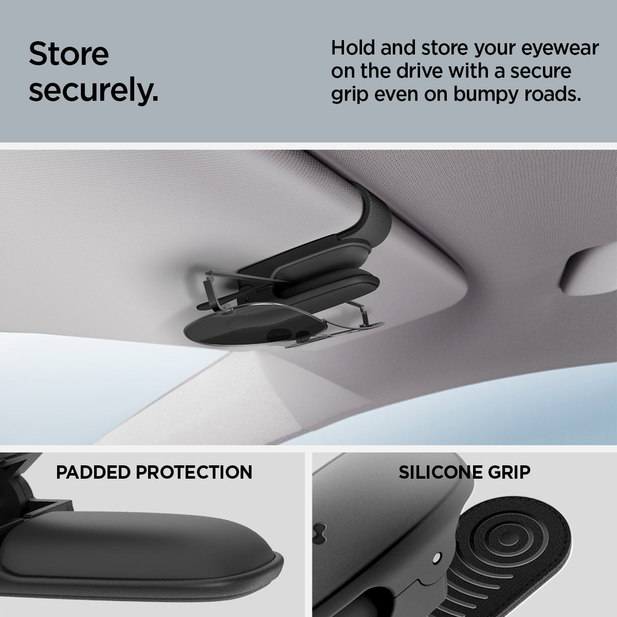 ACP08824 - Visor Sunglass Holder SH100 in Black showing how to store securely, hold and store your eyewear on the drive with a secure grip even on bumpy roads, padded protection, keep your eyewear free from scratches