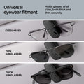 ACP08824 - Visor Sunglass Holder SH100 in Black showing the universal eyewear fitment, hold glasses of all sizes, both thick and thin, securely