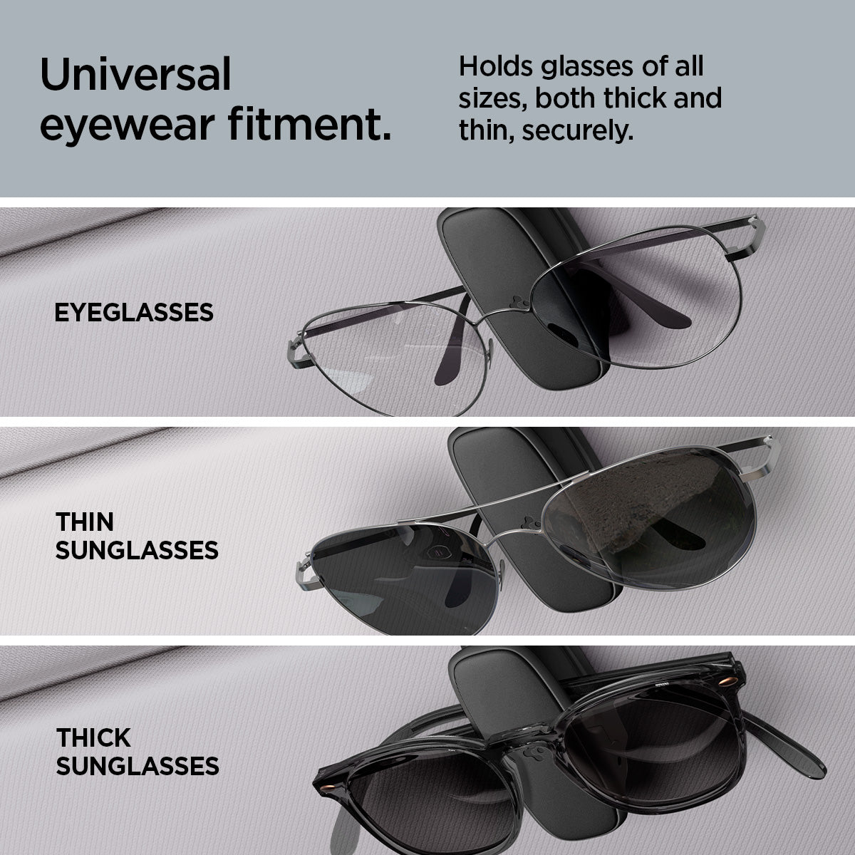 ACP08824 - Visor Sunglass Holder SH100 in Black showing the universal eyewear fitment, hold glasses of all sizes, both thick and thin, securely