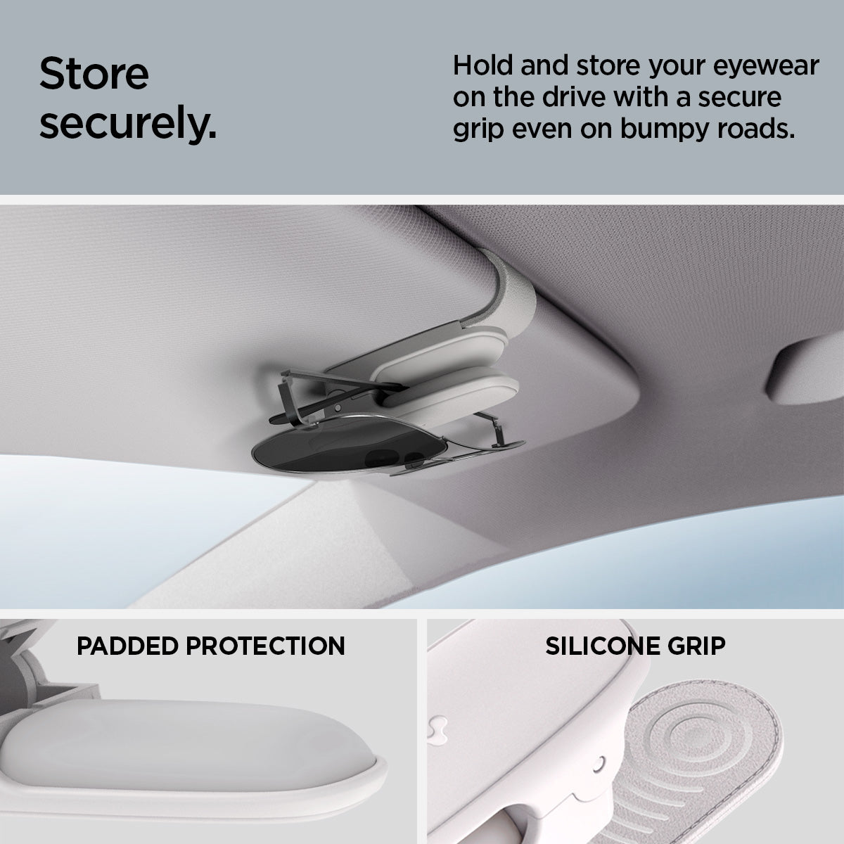 ACP08825 - Visor Sunglass Holder SH100 in Gray showing how to store securely, hold and store your eyewear on the drive with a secure grip even on bumpy roads, padded protection, keep your eyewear free from scratches