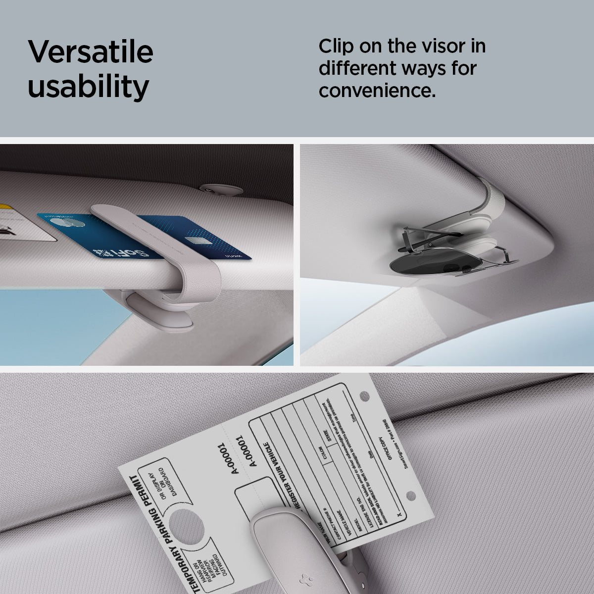 ACP08825 - Visor Sunglass Holder SH100 in Gray showing the versatile usability.  Able to use as a clip for sunglasses, credit cards, or parking tickets.