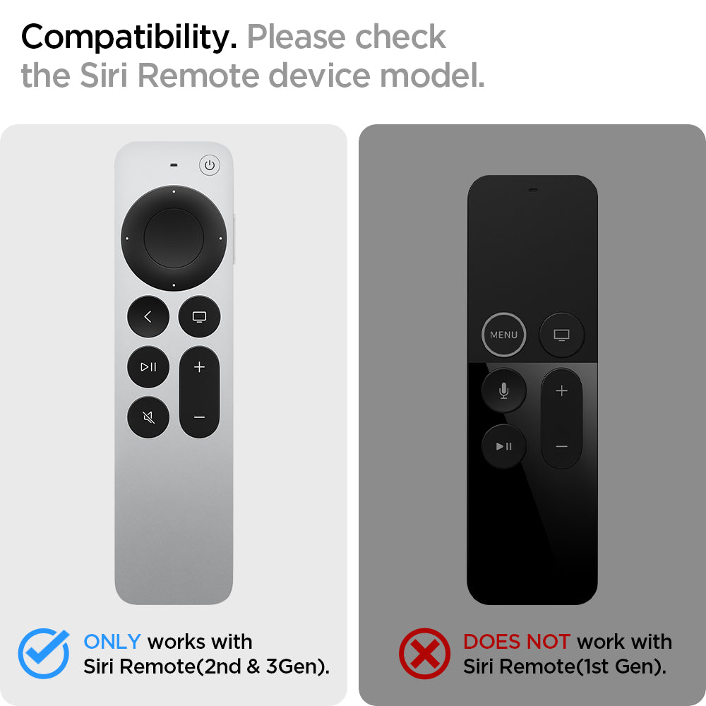 ACS03745 - Siri Remote (2nd Gen) Rugged Armor Magnetic Tech in matte black showing the compatibility. Only works with Siri Remote(2nd & 3rdGen) Does Not work with Siri Remote(1st Gen)