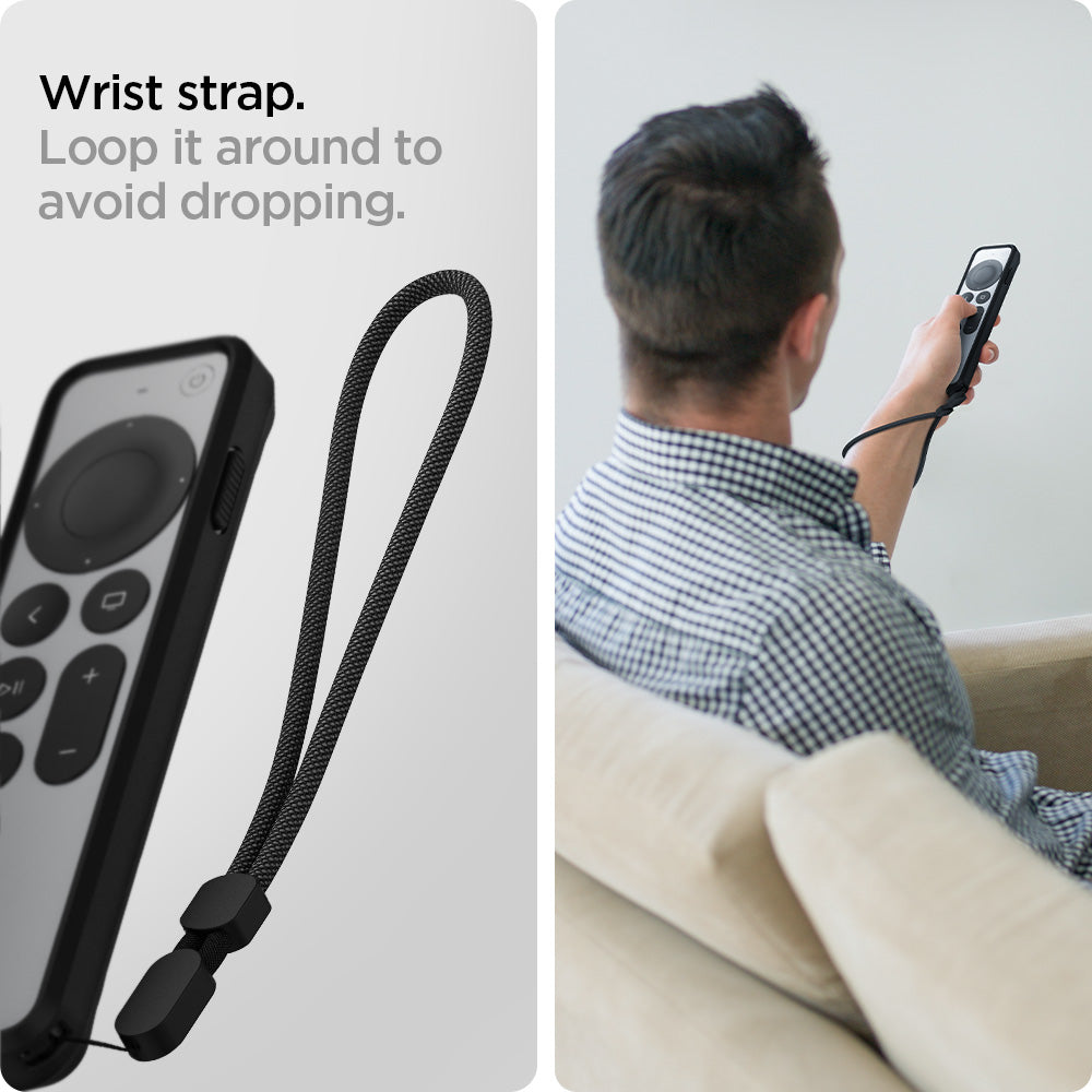 ACS03745 - Siri Remote (2nd Gen) Rugged Armor Magnetic Tech in matte black showing the wrist strap. Loop it around to avoid dropping