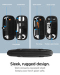 AFA05509 - Rugged Armor® Pro Slim Cable Organizer Bag in black showing the sleek, rugged design, slim showck-resistant shell keeps your tech gear safe, inside the bag are hidden pocket, suede finish, card holder, extra pocket, elastic straps, pen strap and multiple cable holders