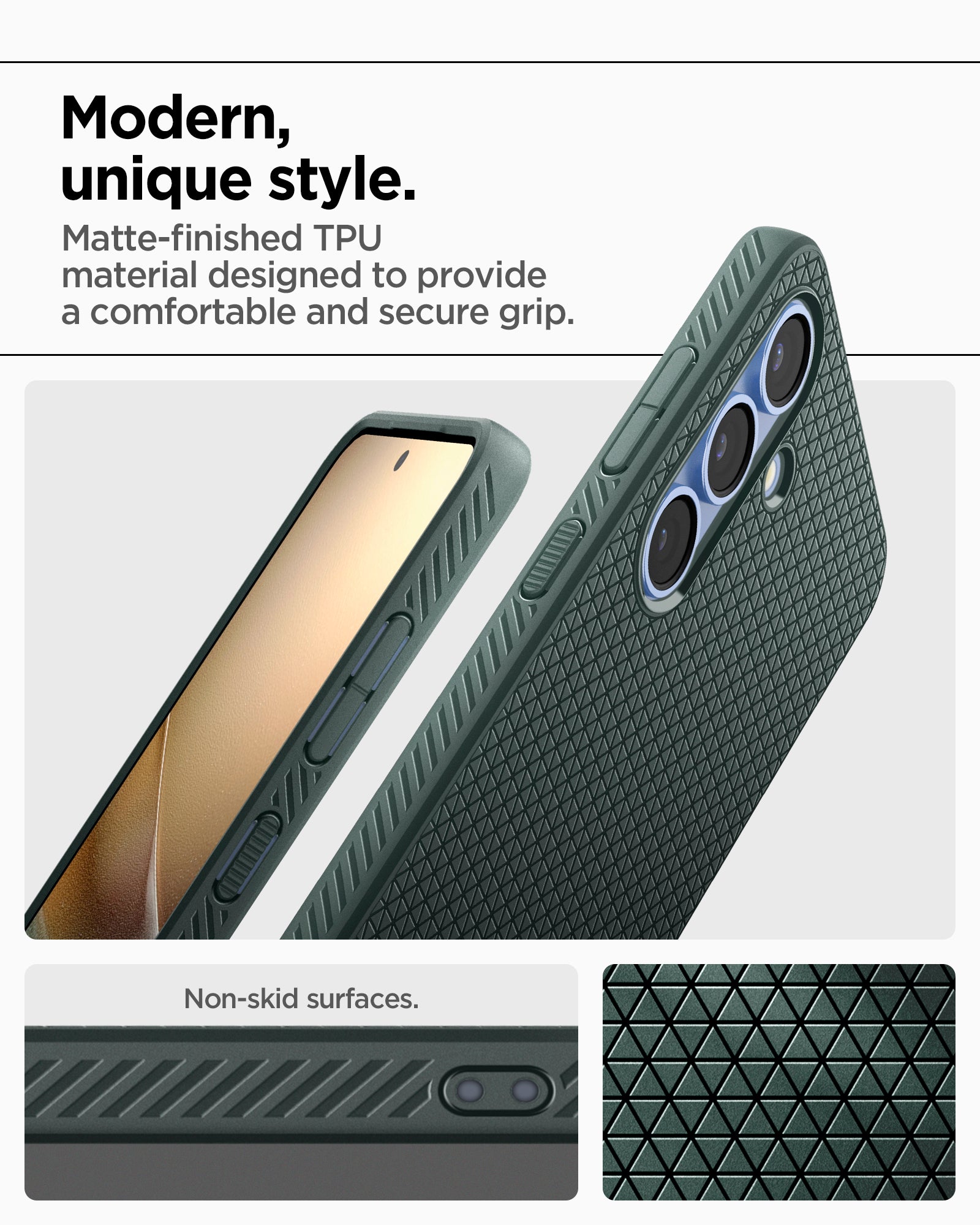 ACS09001 - Galaxy S25 Case Liquid Air in Abyss Green showing the modern unique style. Matte-finished TPU material designed to provide a comfortable and secure grip. Non-skid surfaces