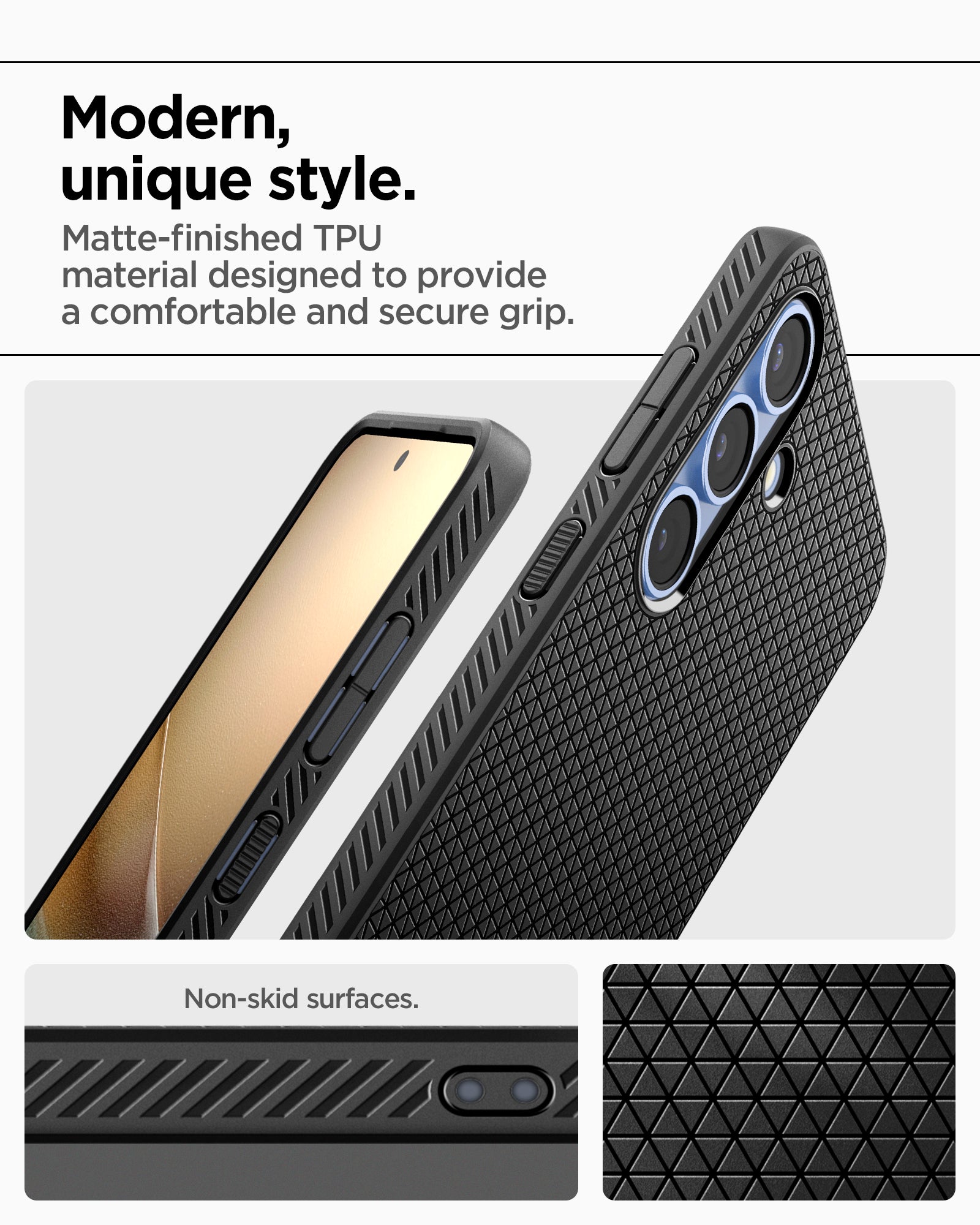 ACS08979 - Galaxy S25 Plus Case Liquid Air in Matte Black showing the modern unique style. Matte-finished TPU material designed to provide a comfortable and secure grip. Non-skid surfaces