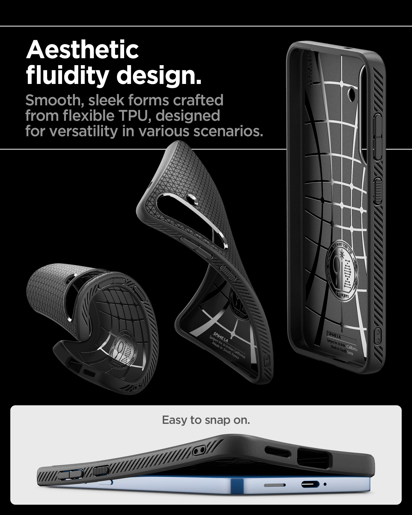 ACS08979 - Galaxy S25 Plus Case Liquid Air in Matte Black showing the aesthetic fluidity design. Smooth, sleek forms crafted from flexible TPU, designed for versatility in various scenarios. East to snap on