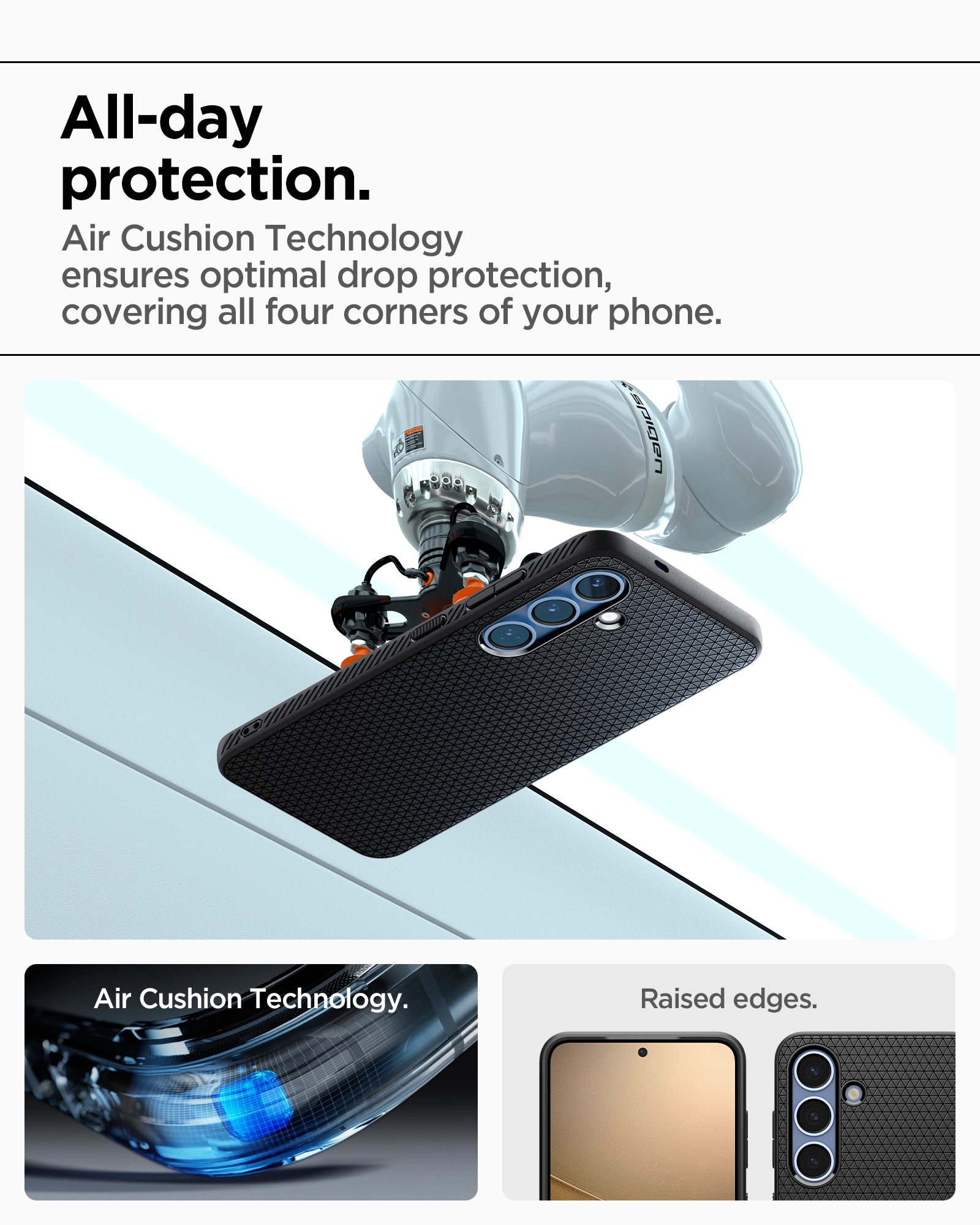 ACS08979 - Galaxy S25 Plus Case Liquid Air in Matte Black showing the all-day protection. Air Cushion Technology ensures optimal drop protection, covering all four corners of your phone. Air Cushion Technology. Raised edges
