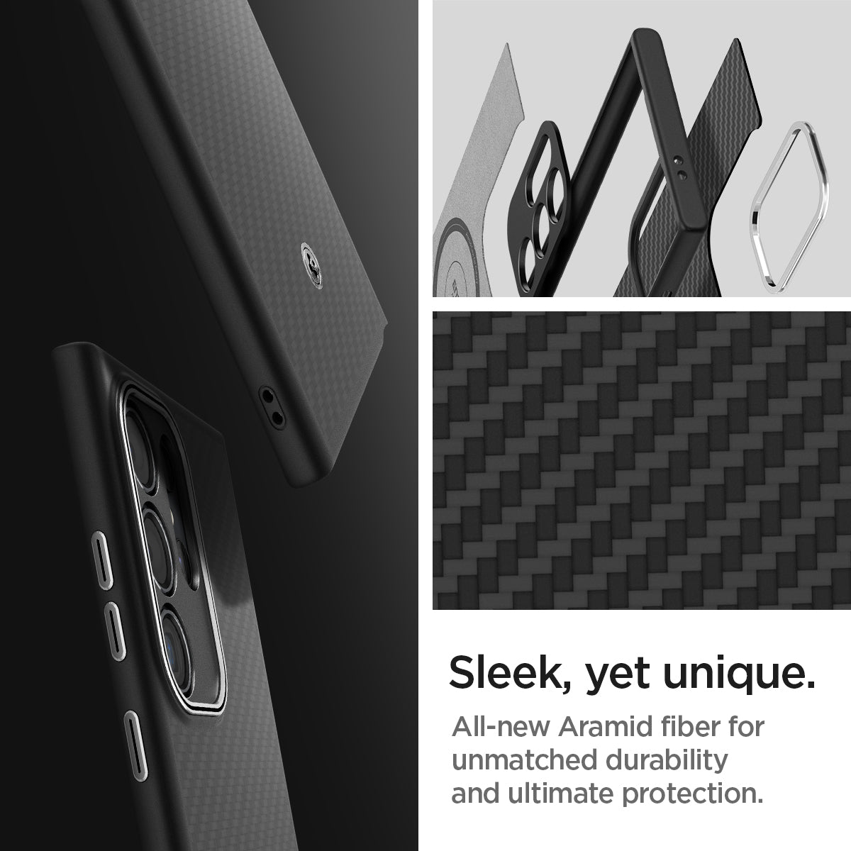 ACS07289 - Galaxy S24 Ultra Case Enzo Aramid in Matte Black showing the sleek, yet unique. All-new aramid fiber for unmatched durability and ultimate protection
