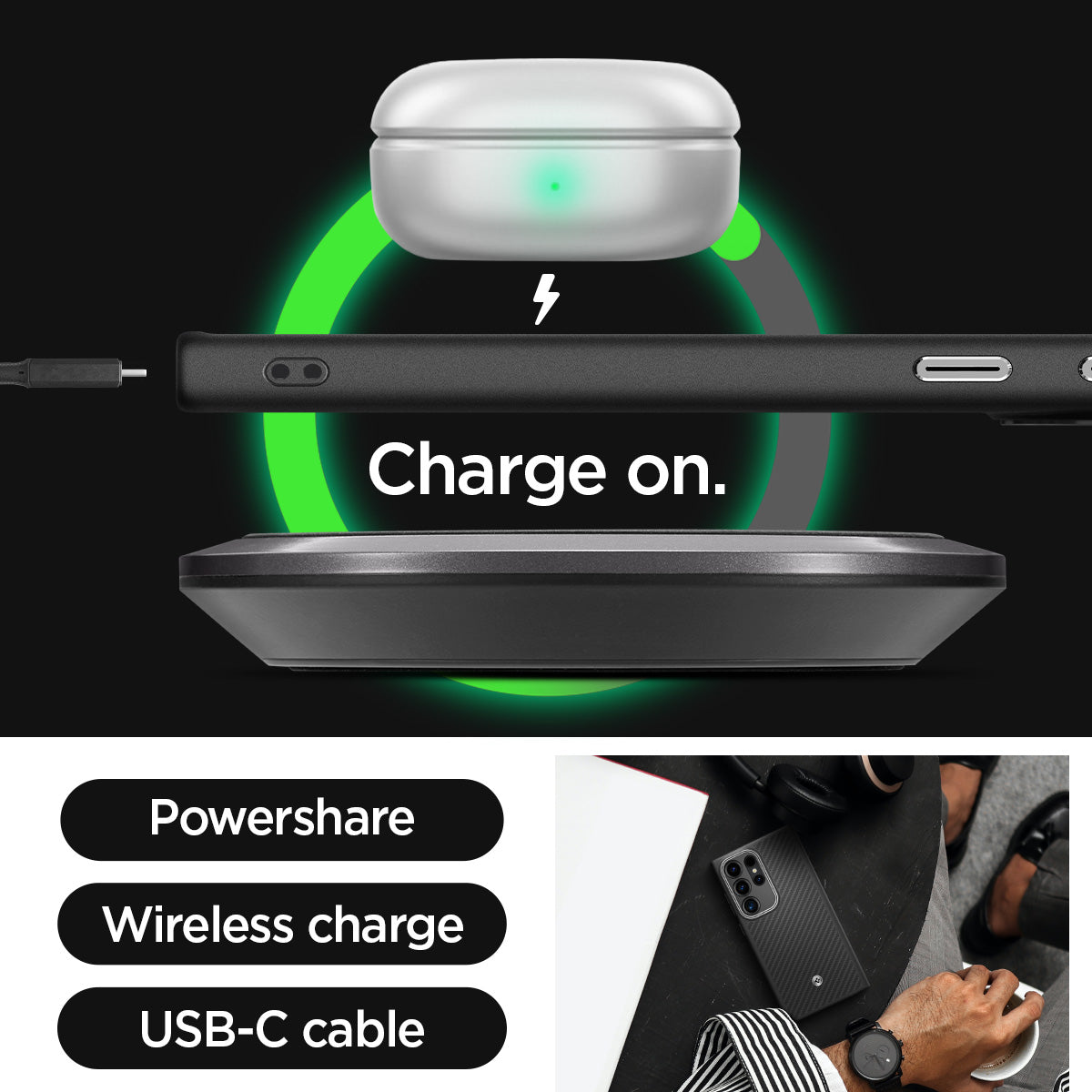 ACS07289 - Galaxy S24 Ultra Case Enzo Aramid in Matte Black showing the Powershare, Wireless charge and USB- C cable
