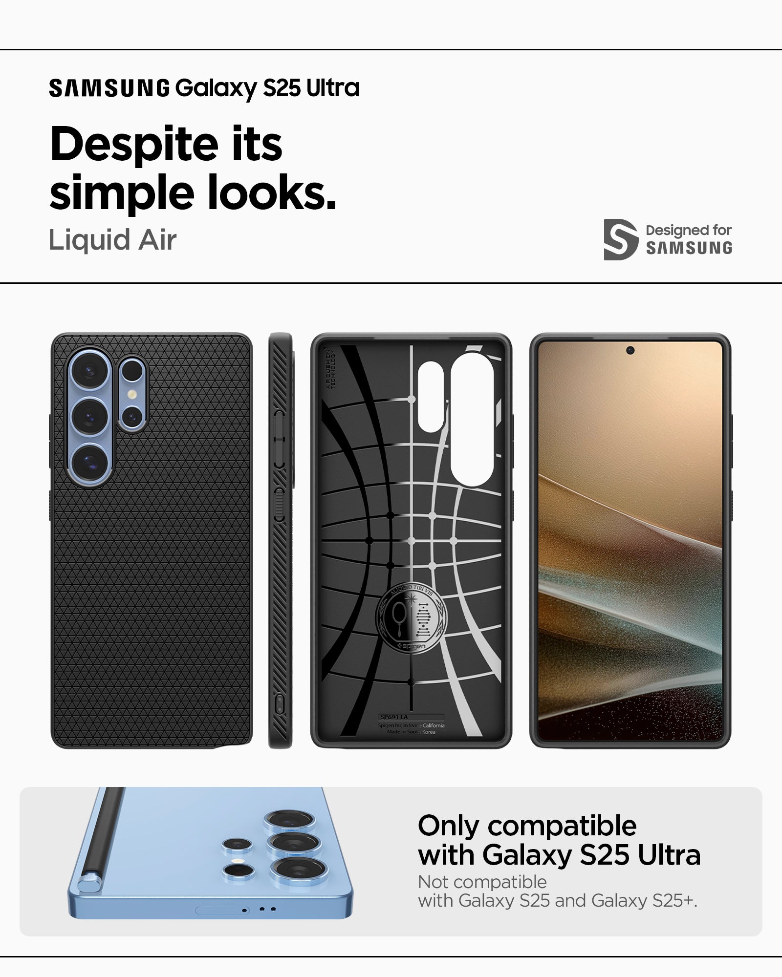 ACS08953 - Galaxy S25 Ultra Case Liquid Air in Matte Black showing the compatibility. Only compatible with Galaxy S25 Ultra and not compatible with Galaxy S25 and Galaxy S25+