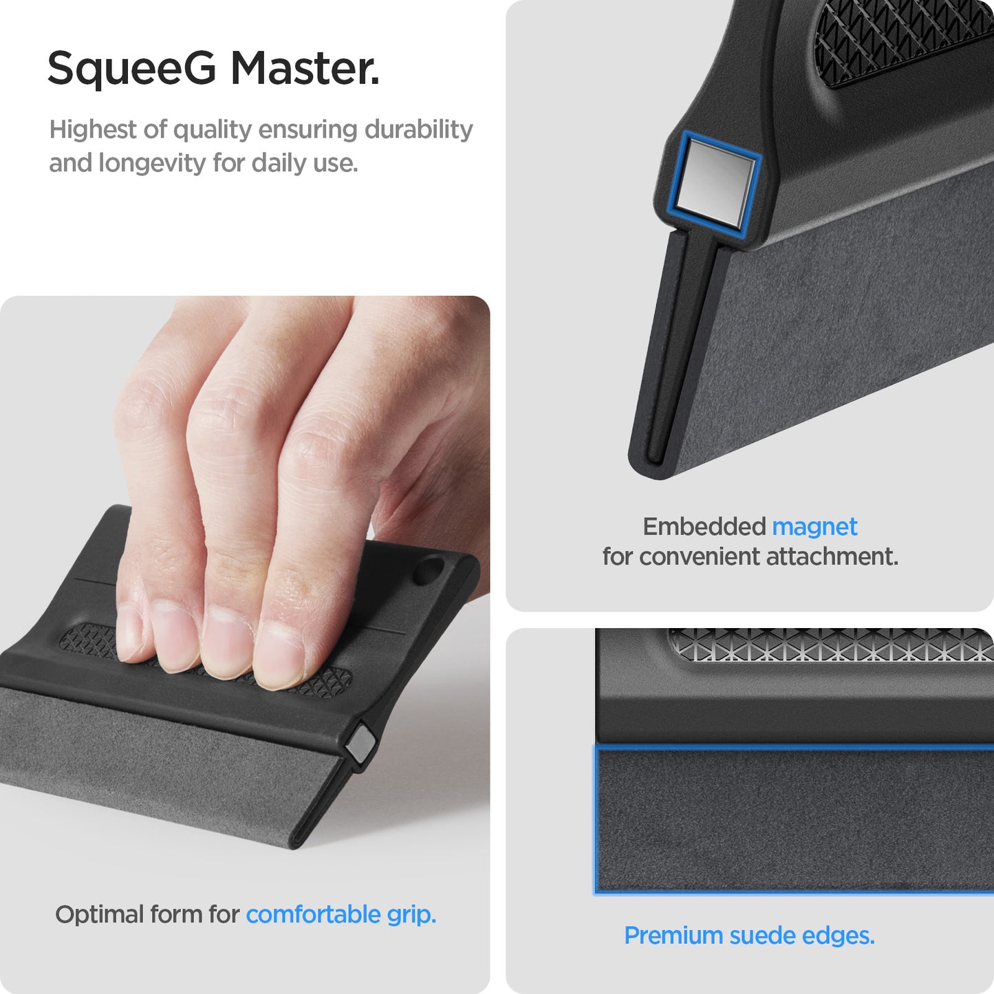 APA06854 - SqueeG Master in black showing the squeeg master. Highest of quality ensuring durability and longevity for daily use. Optimal form for comfortable grip. Embedded magnet for convenient attachment and premium suede edges.