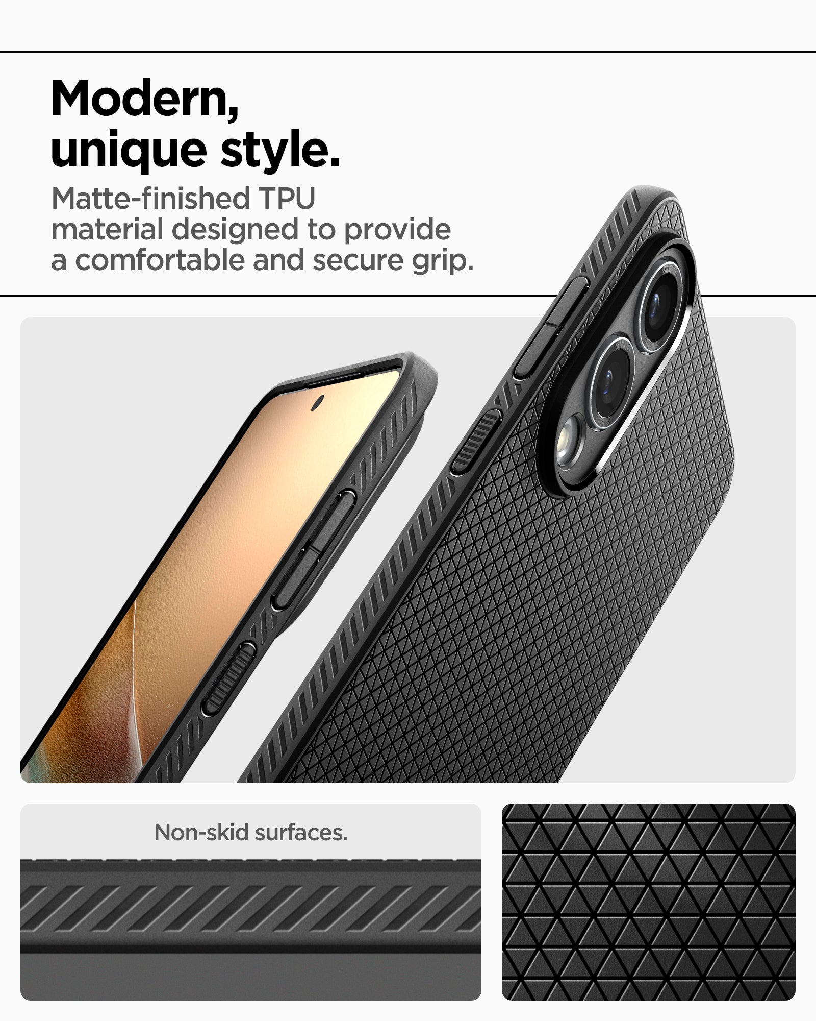 ACS09420 - Galaxy S25 Edge Case Liquid Air in Matte Black showing the modern, unique style. Matte-finished TPU material designed to provide a comfortable and secure grip. Non-skid surfaces