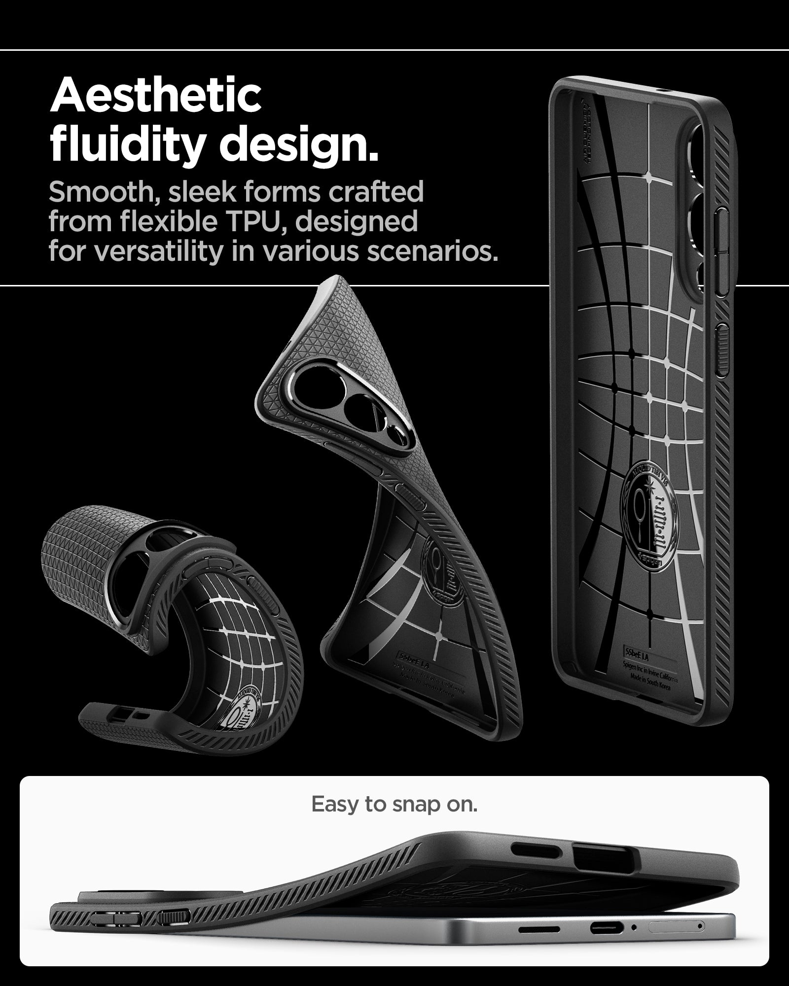 ACS09420 - Galaxy S25 Edge Case Liquid Air in Matte Black showing the Aesthetic fluidity design. Smooth, sleek forms crafted from flexible TPU, designed from versatility in various scenarios. Easy to snap on