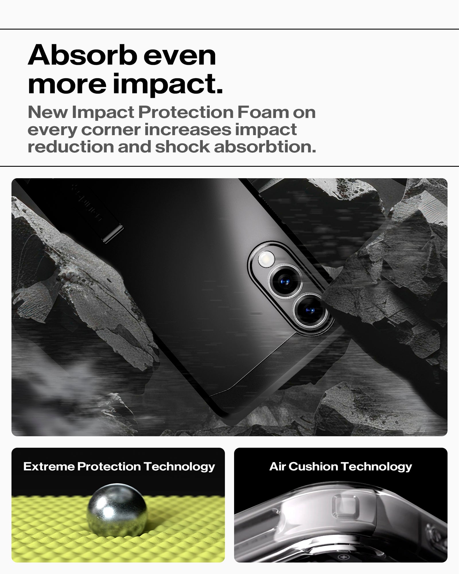 ACS09422 - Galaxy S25 Edge Case Tough Armor AI (MagFit) in Black showing how it absorb even more impact. New Impact Protection Foam on every corner increases impact reduction and shock absorption. Extreme Protection Technology and Air Cushion Technology