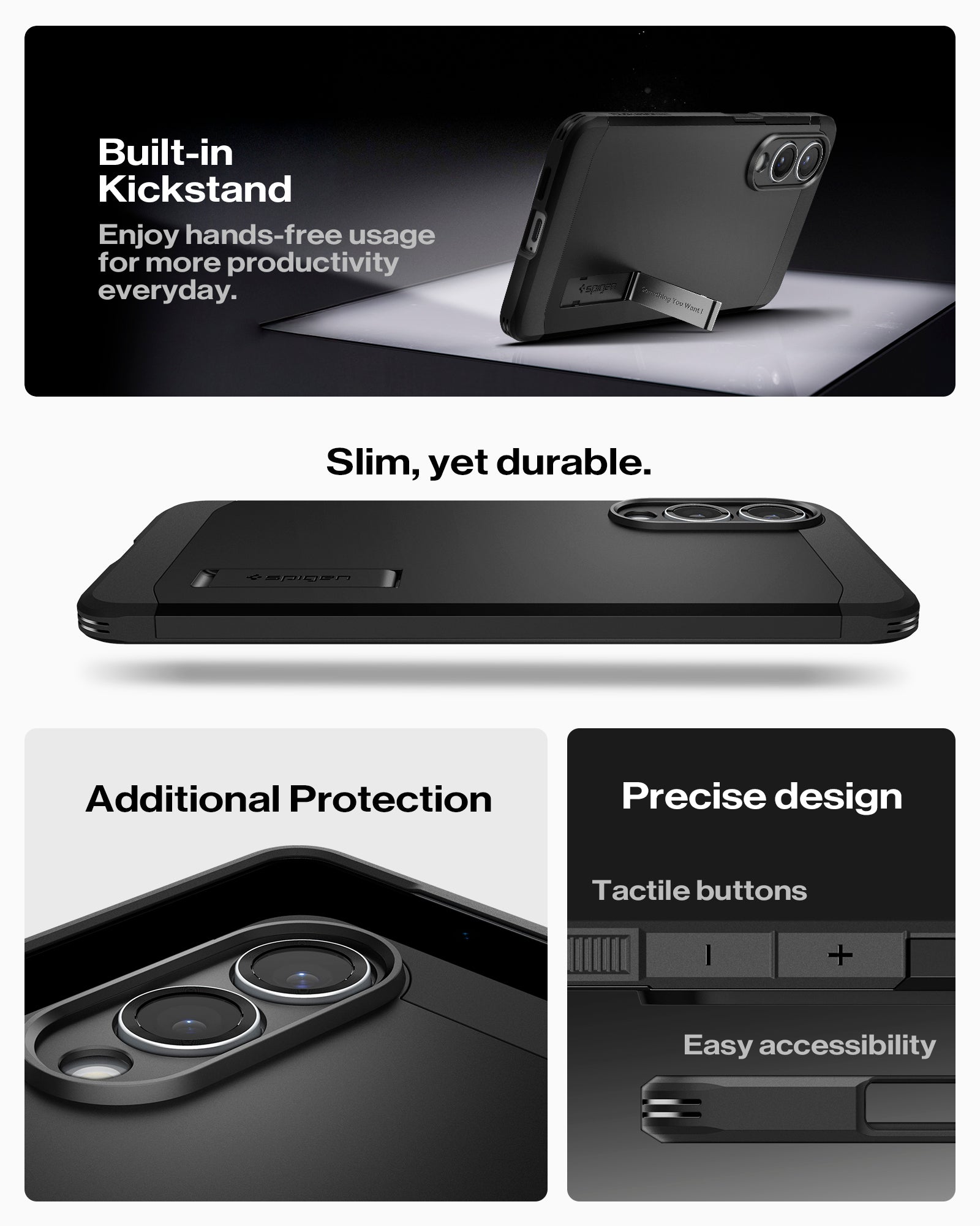 ACS09422 - Galaxy S25 Edge Case Tough Armor AI (MagFit) in Black showing the built-in kickstand. Enjoy hands-free usage for more productivity everyday. Slim, yet durable. Additional Protection. Precise design, tactile buttons and easy accessibility